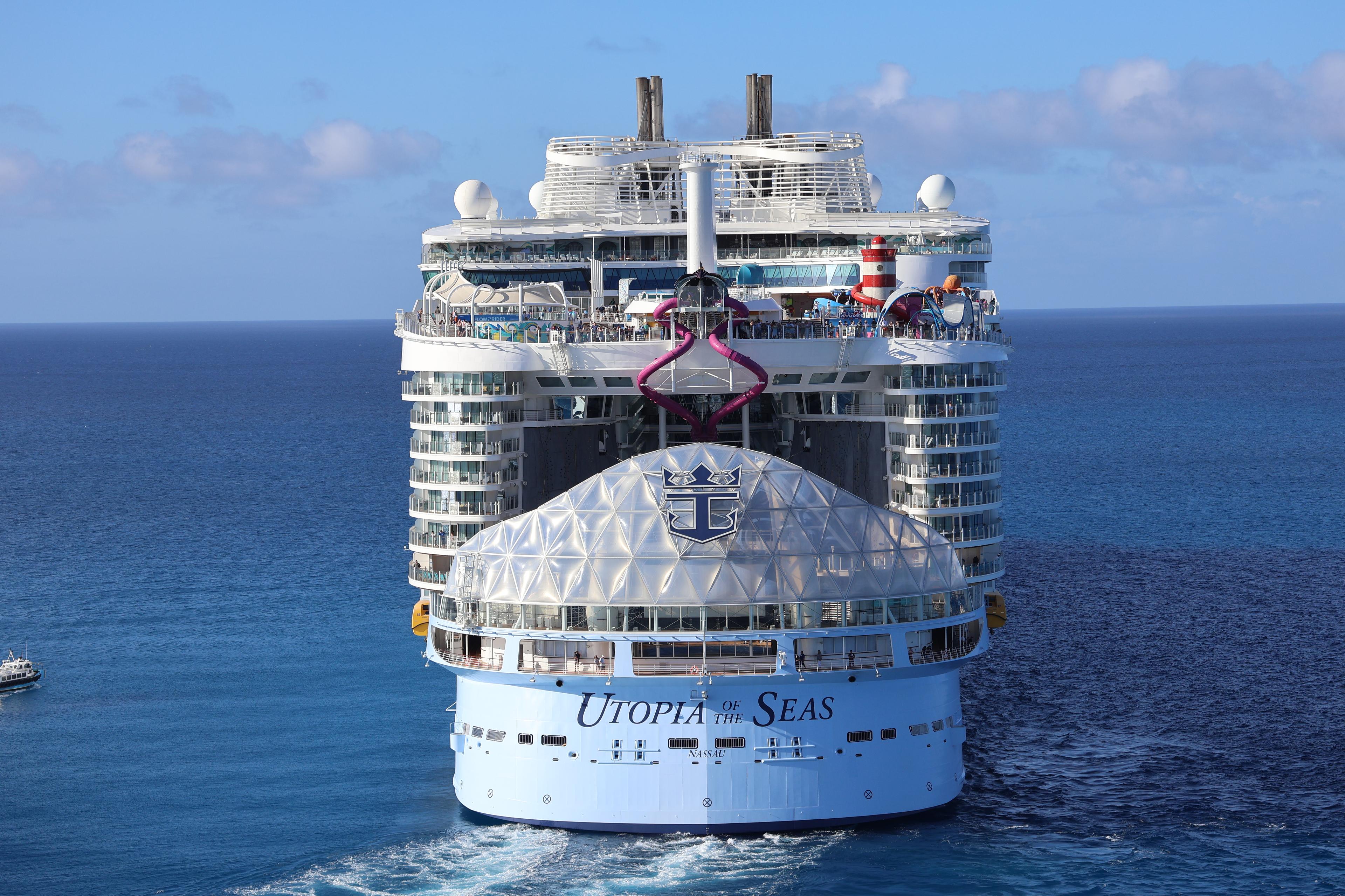 Utopia of the Seas viewed from the stern at sea