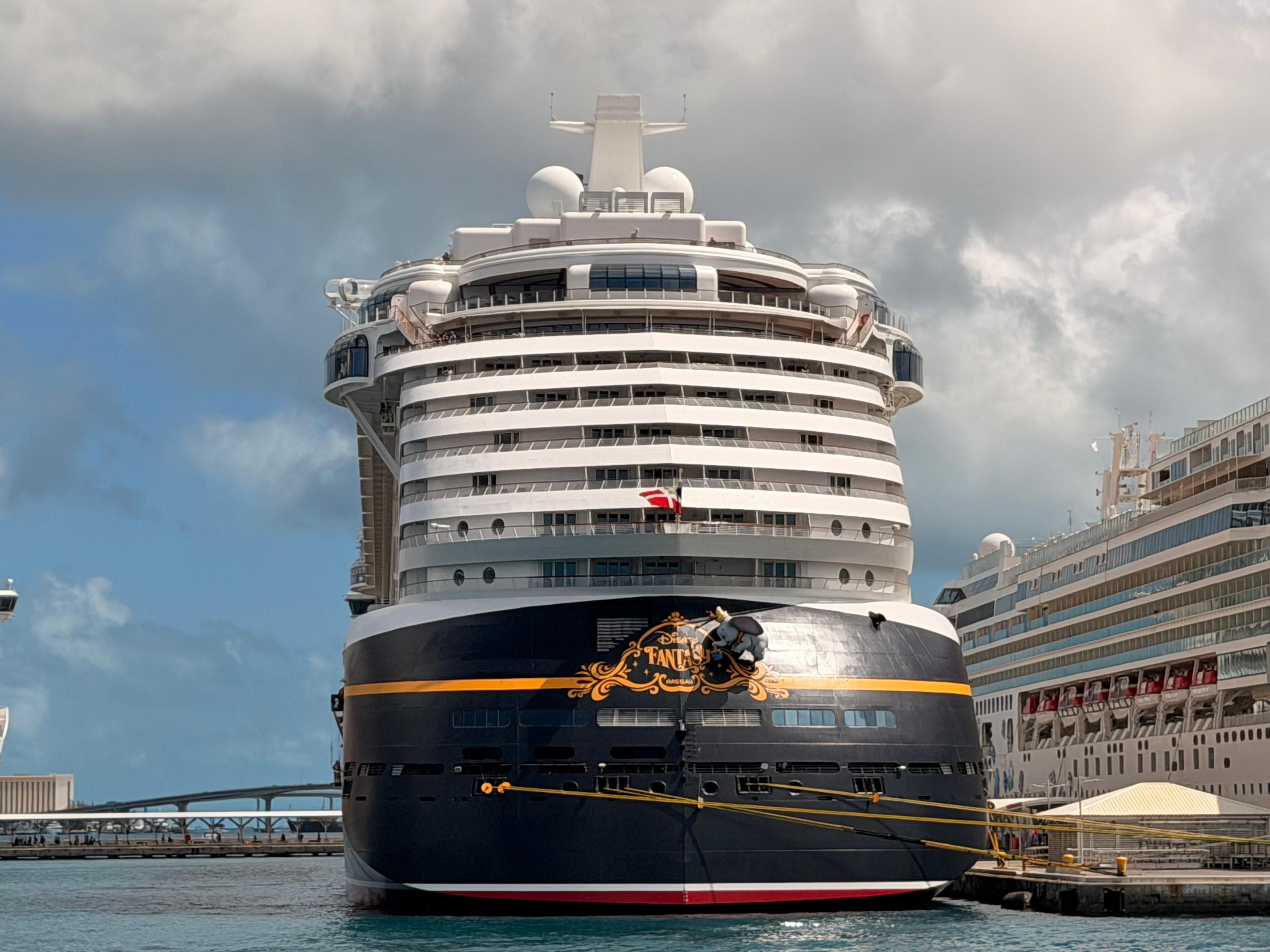 Disney Fantasy cruise ship viewed from shore